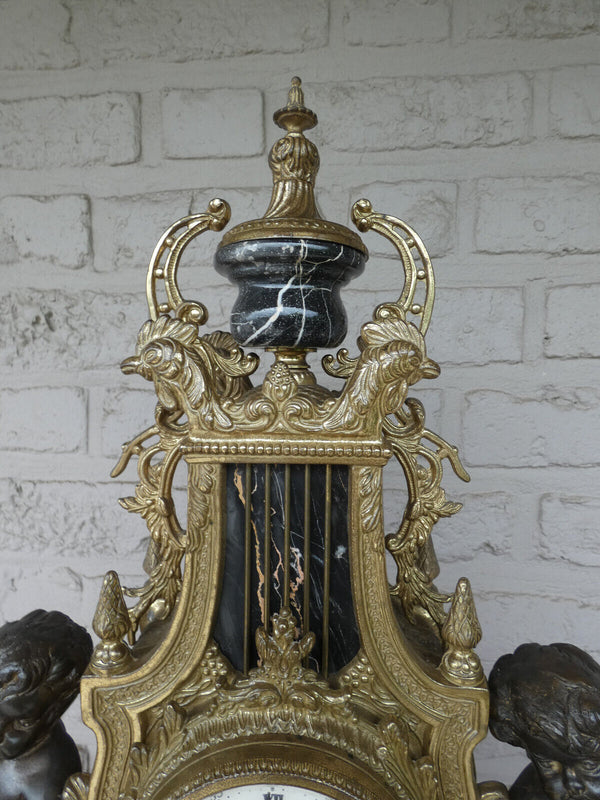 Italian  black marble bronze faun putti figural mantel clock 1970 rare top piece
