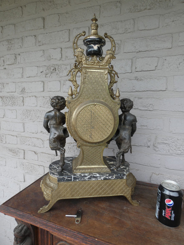 Italian  black marble bronze faun putti figural mantel clock 1970 rare top piece
