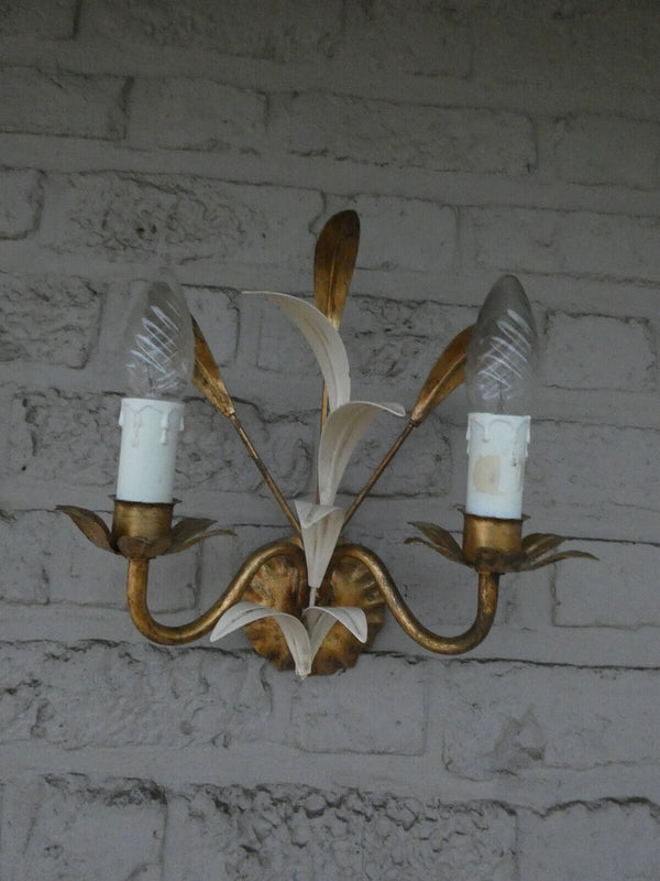 pair vintage italian gold white gilt metal leaves wall lights sconces