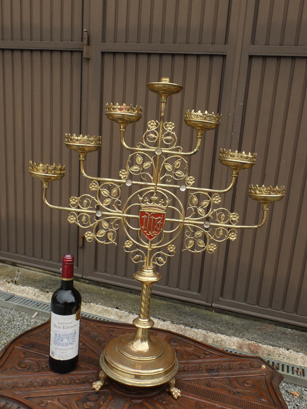 Antique XL Church altar candelabra 7 arm stones lion paws rare religious