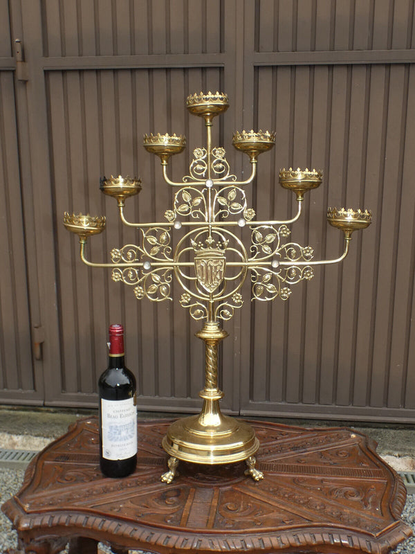 Antique XL Church altar candelabra 7 arm stones lion paws rare religious