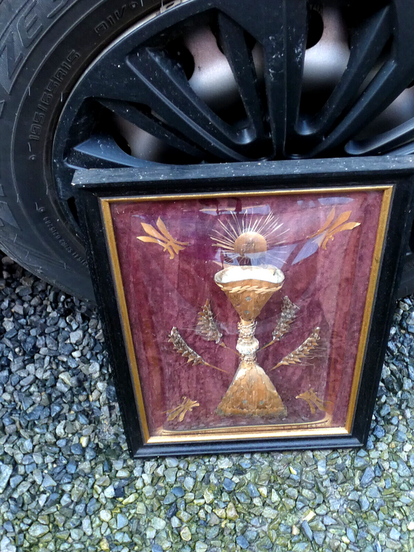 Antique Religious wall plaque convex glass 19thc decoration