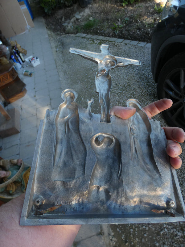 Vintage Belgian Metal calvary plaque religious