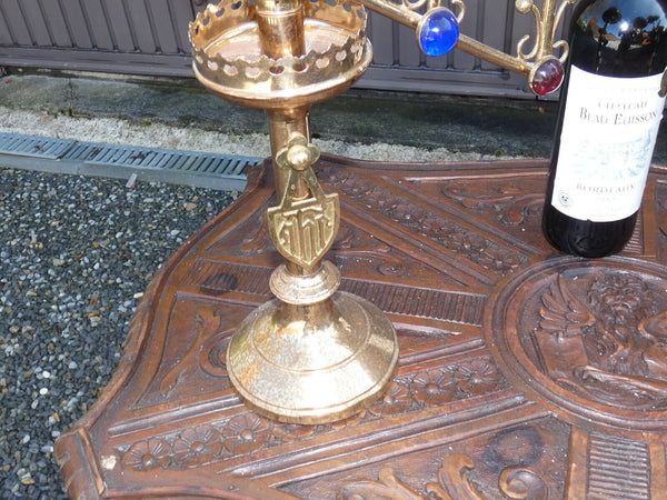 PAIR antique church brass Candelabras color stones religious set rare