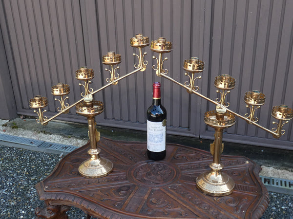 PAIR antique church brass Candelabras color stones religious set rare