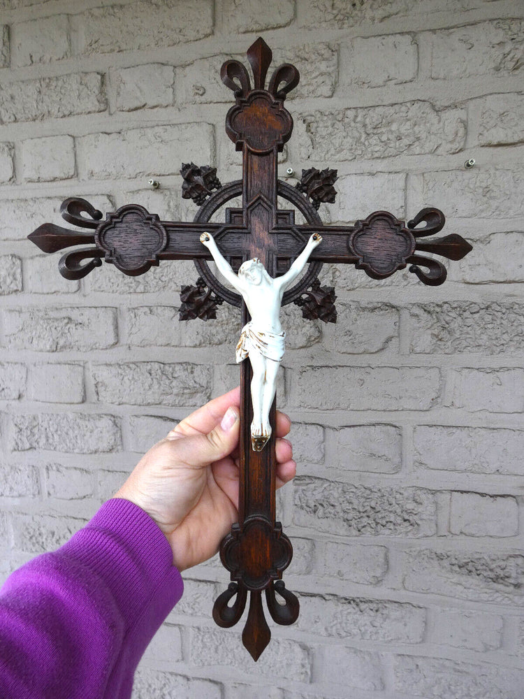 Antique french wood carved porcelain corpus christ fleur lys crucifix cross