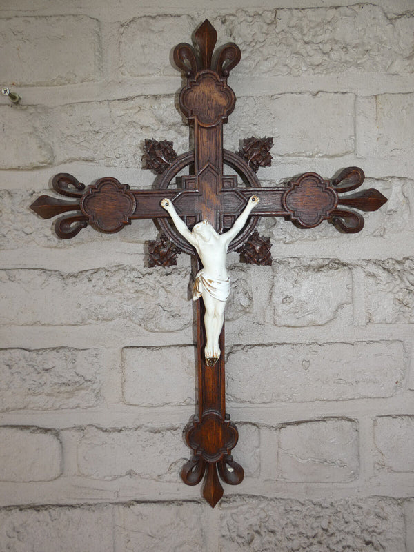 Antique french wood carved porcelain corpus christ fleur lys crucifix cross