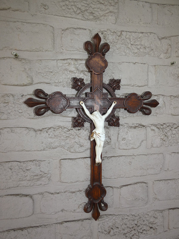 Antique french wood carved porcelain corpus christ fleur lys crucifix cross