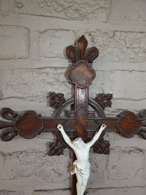Antique french wood carved porcelain corpus christ fleur lys crucifix cross