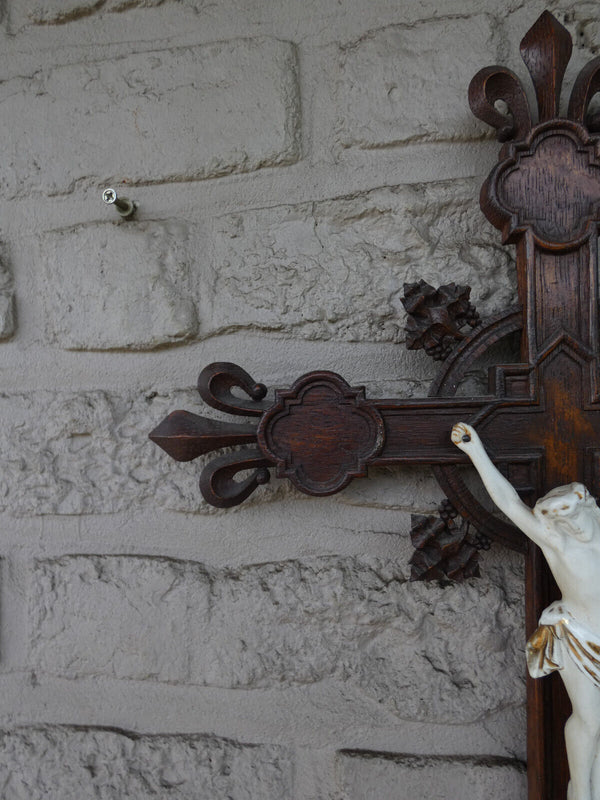 Antique french wood carved porcelain corpus christ fleur lys crucifix cross