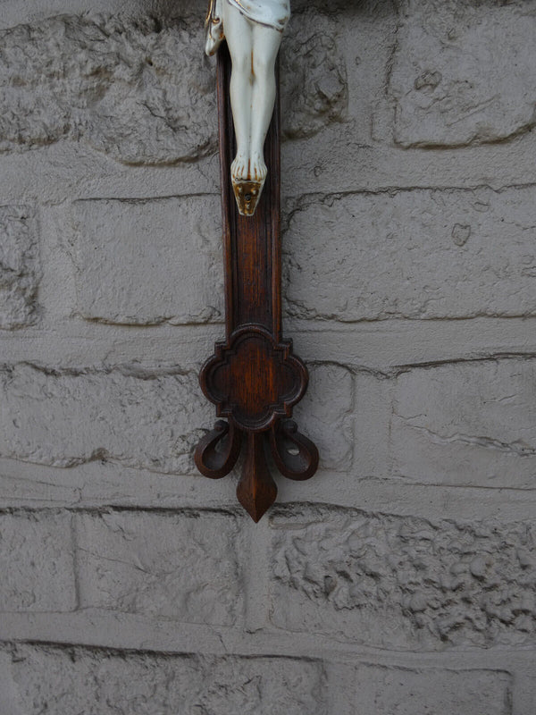 Antique french wood carved porcelain corpus christ fleur lys crucifix cross