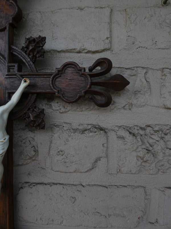 Antique french wood carved porcelain corpus christ fleur lys crucifix cross