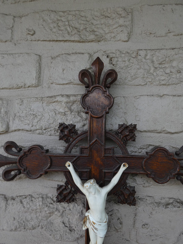 Antique french wood carved porcelain corpus christ fleur lys crucifix cross