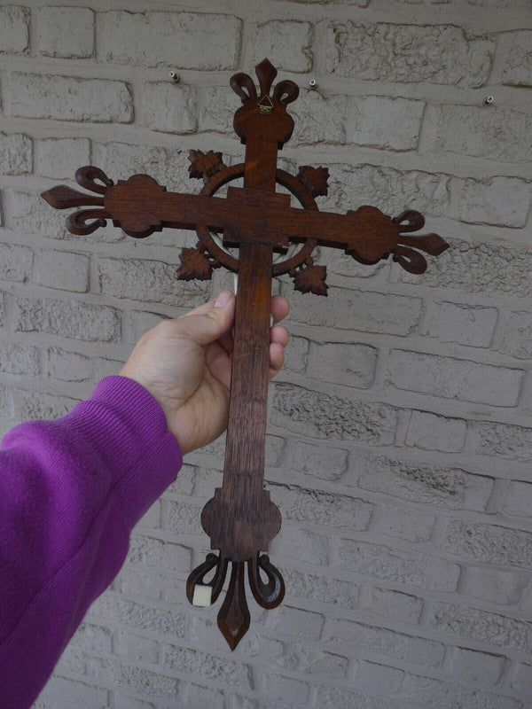 Antique french wood carved porcelain corpus christ fleur lys crucifix cross