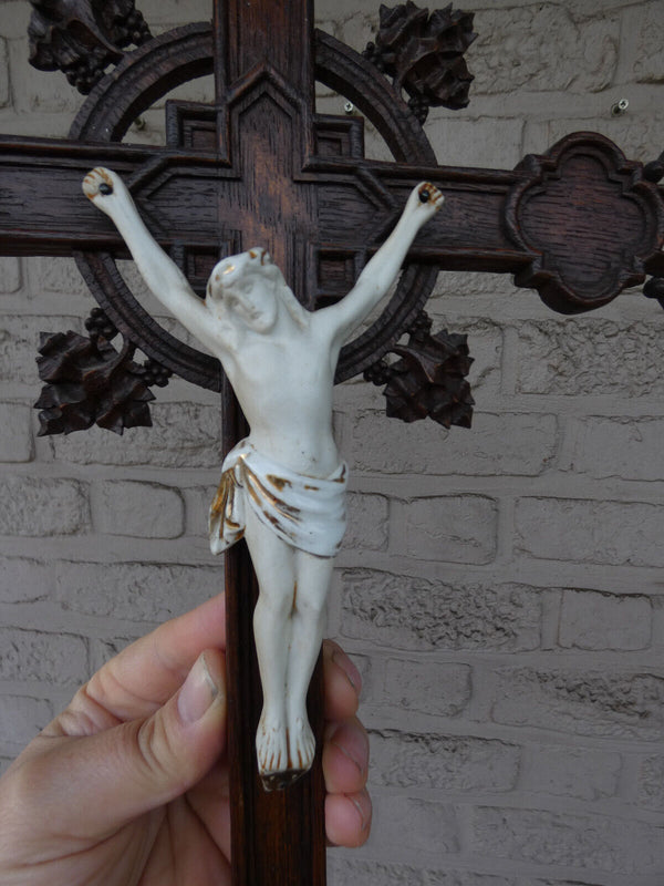 Antique french wood carved porcelain corpus christ fleur lys crucifix cross