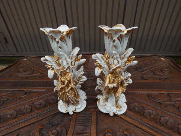 PAir antique Vieux brussels porcelain candle holders figurine set