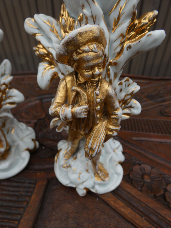 PAir antique Vieux brussels porcelain candle holders figurine set