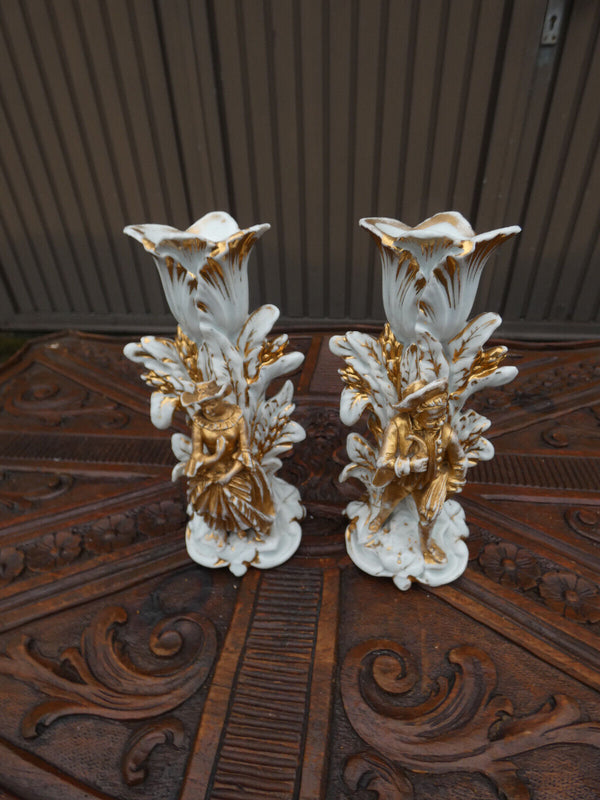 PAir antique Vieux brussels porcelain candle holders figurine set