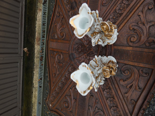 PAir antique Vieux brussels porcelain candle holders figurine set