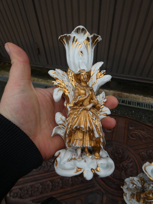 PAir antique Vieux brussels porcelain candle holders figurine set