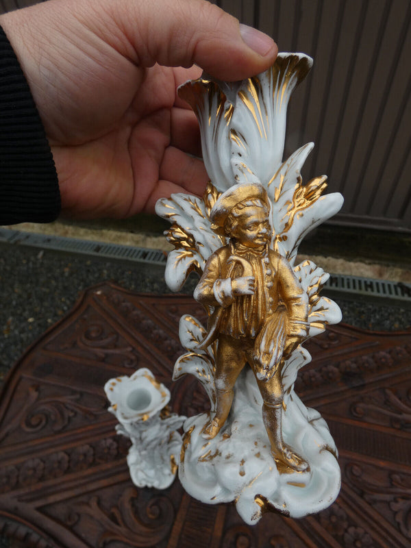 PAir antique Vieux brussels porcelain candle holders figurine set