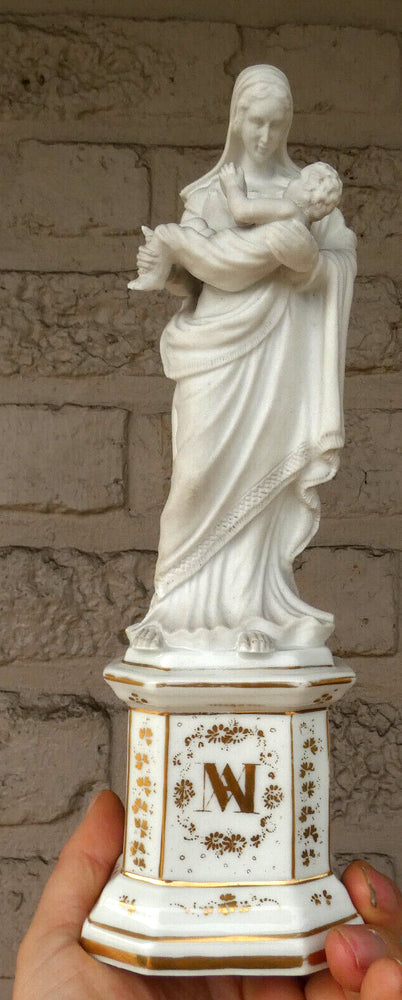 Antique Vieux brussels porcelain bisque madonna child statue figurine