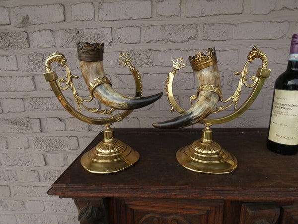 PAir vintage 1950 Brass metal horn dragon statue rare