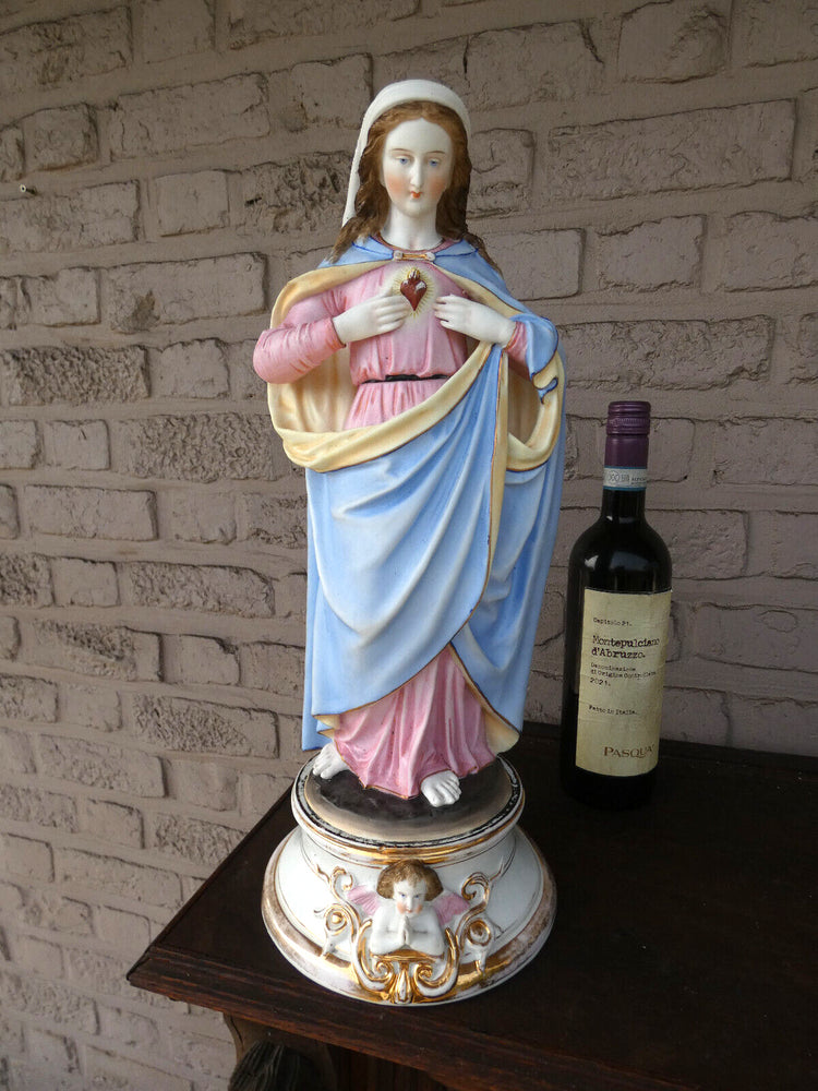 Antique 19thc large vieux andenne bisque porcelain madonna sacred heart statue