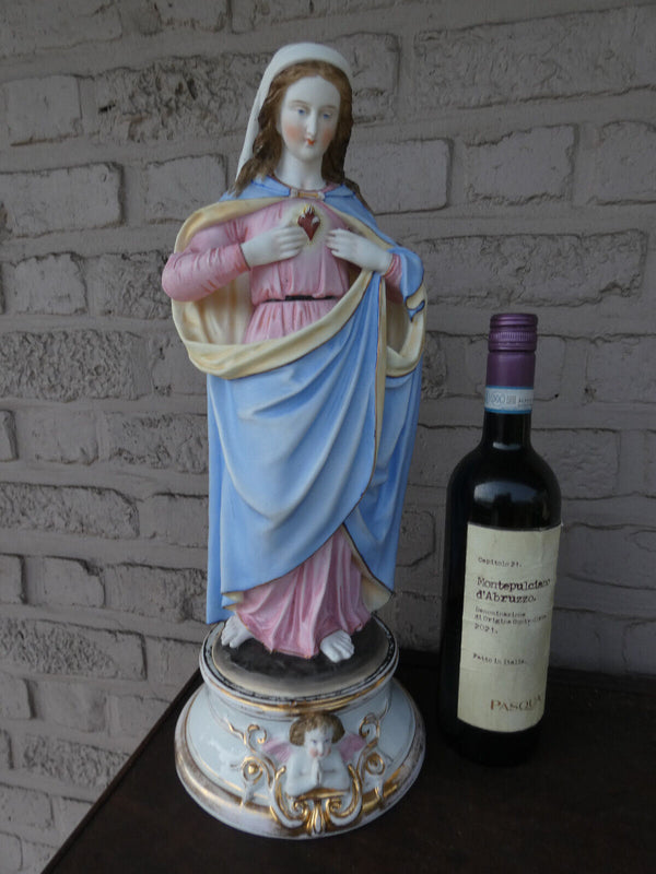 Antique 19thc large vieux andenne bisque porcelain madonna sacred heart statue