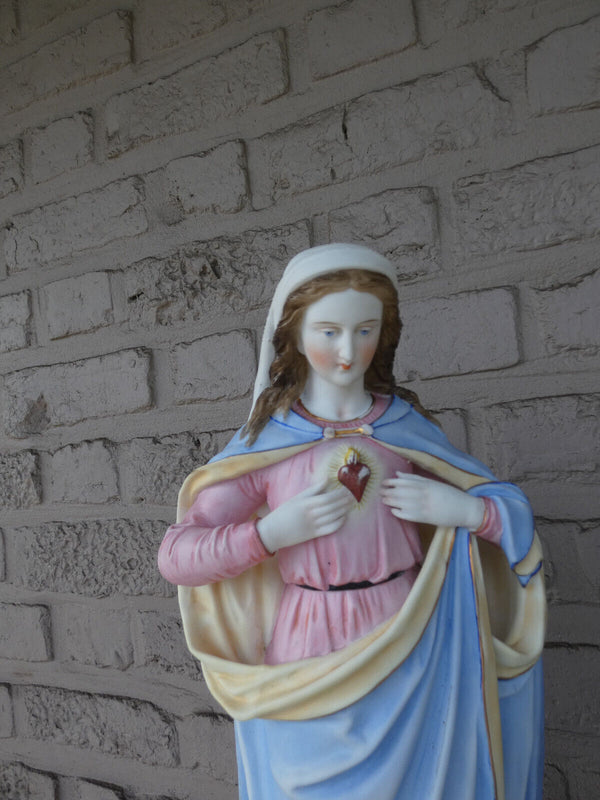 Antique 19thc large vieux andenne bisque porcelain madonna sacred heart statue