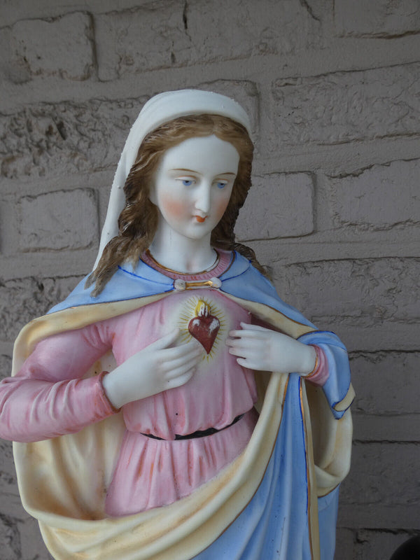 Antique 19thc large vieux andenne bisque porcelain madonna sacred heart statue