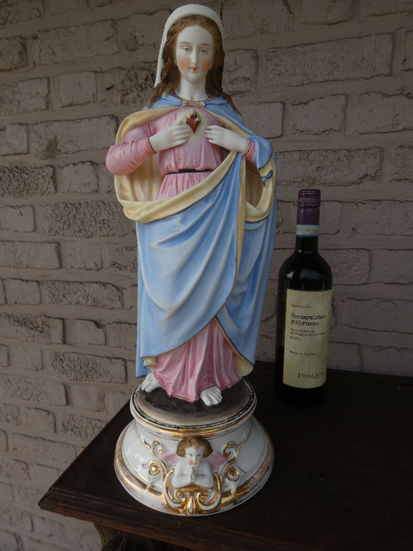 Antique 19thc large vieux andenne bisque porcelain madonna sacred heart statue