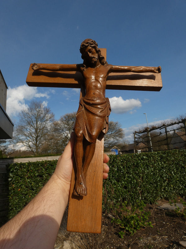 Antique oak wood carved corpus crucifix religious