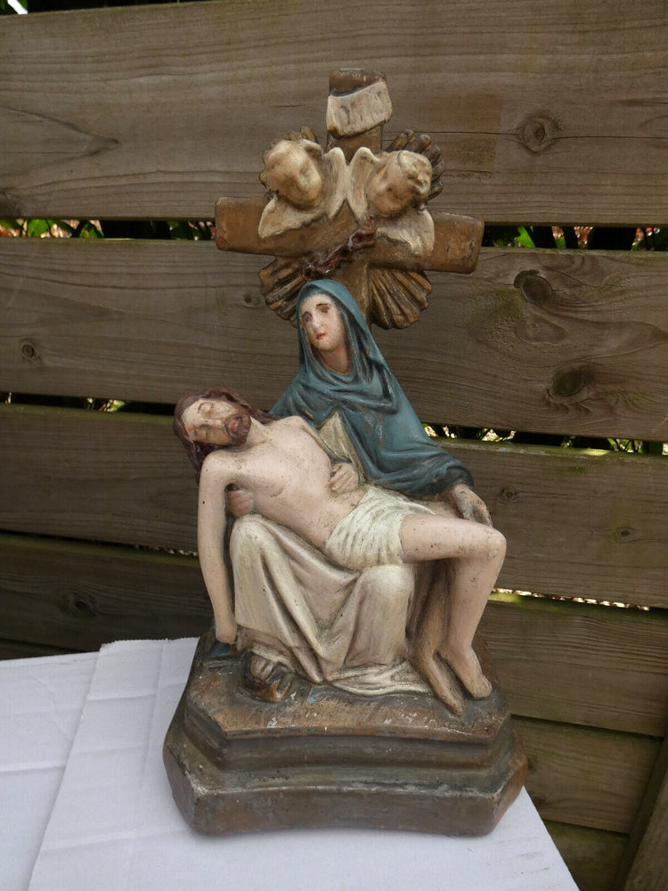Antique french pieta Chalk crucifix angels sculpture statue rare