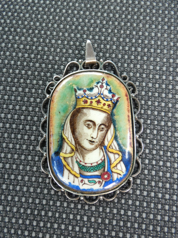 Antique Pendant Religious madonna enamel on copper silver frame rare