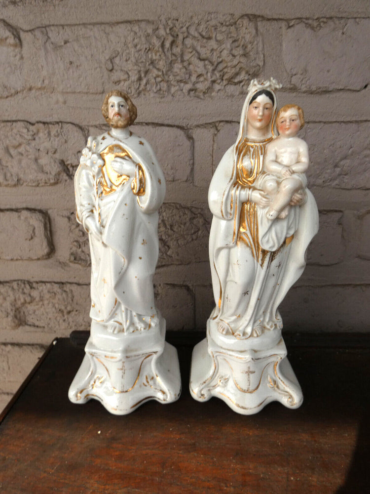 Antique Pair vieux brussels porcelain holy family joseph mary jesus statue