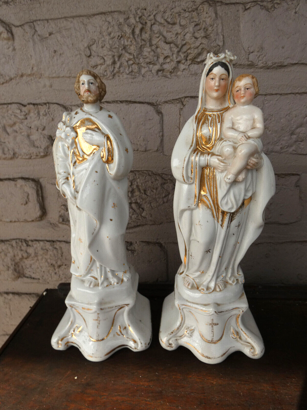 Antique Pair vieux brussels porcelain holy family joseph mary jesus statue