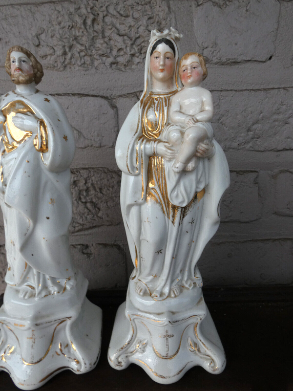 Antique Pair vieux brussels porcelain holy family joseph mary jesus statue