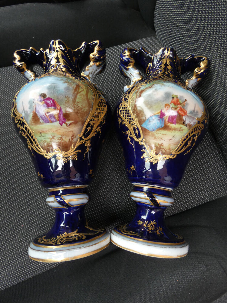 Pair antique French sevres style porcelain marked Romantic vases