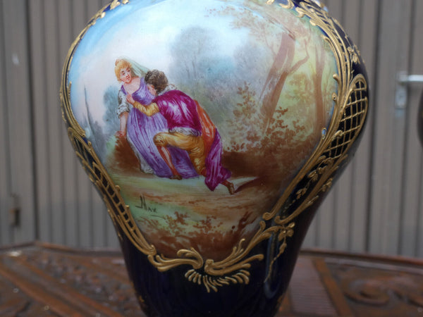 Pair antique French sevres style porcelain marked Romantic vases