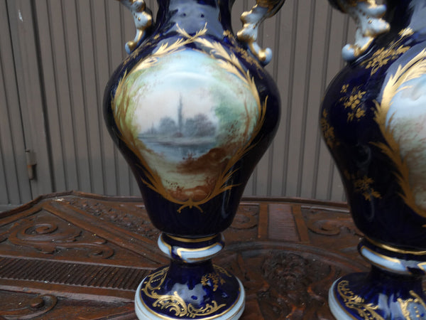 Pair antique French sevres style porcelain marked Romantic vases