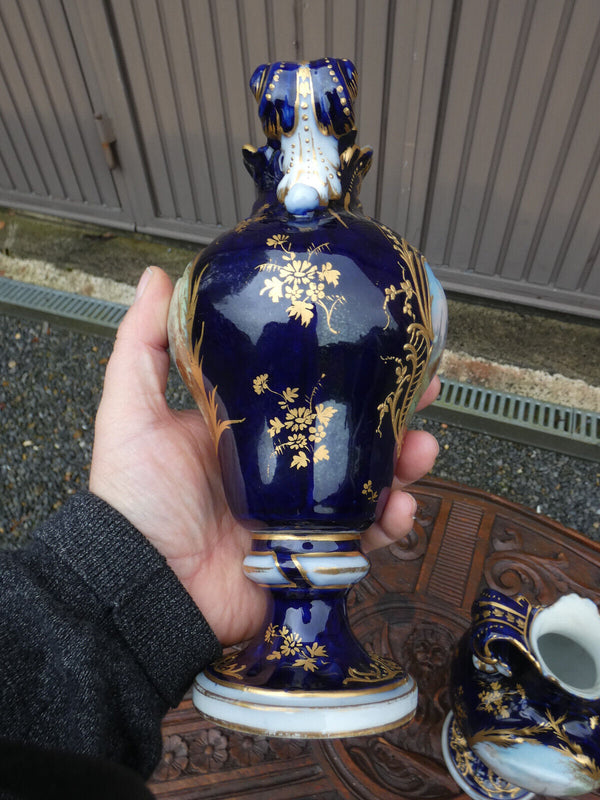 Pair antique French sevres style porcelain marked Romantic vases