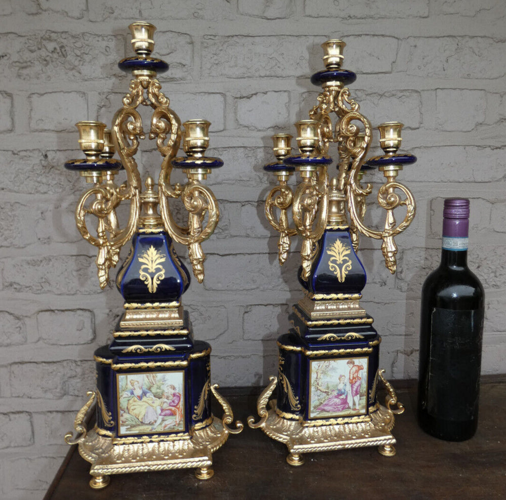 PAIR vintage T limoges cobalt blue porcelain candelabras romantic decor rare