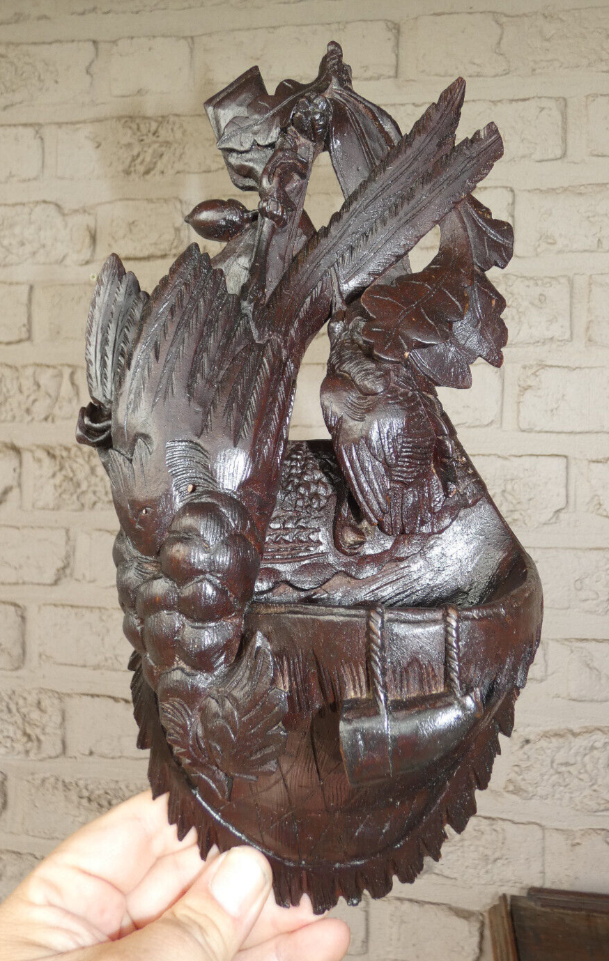 Antique Black forest wood carved wall pyrogen matches holder hunt theme