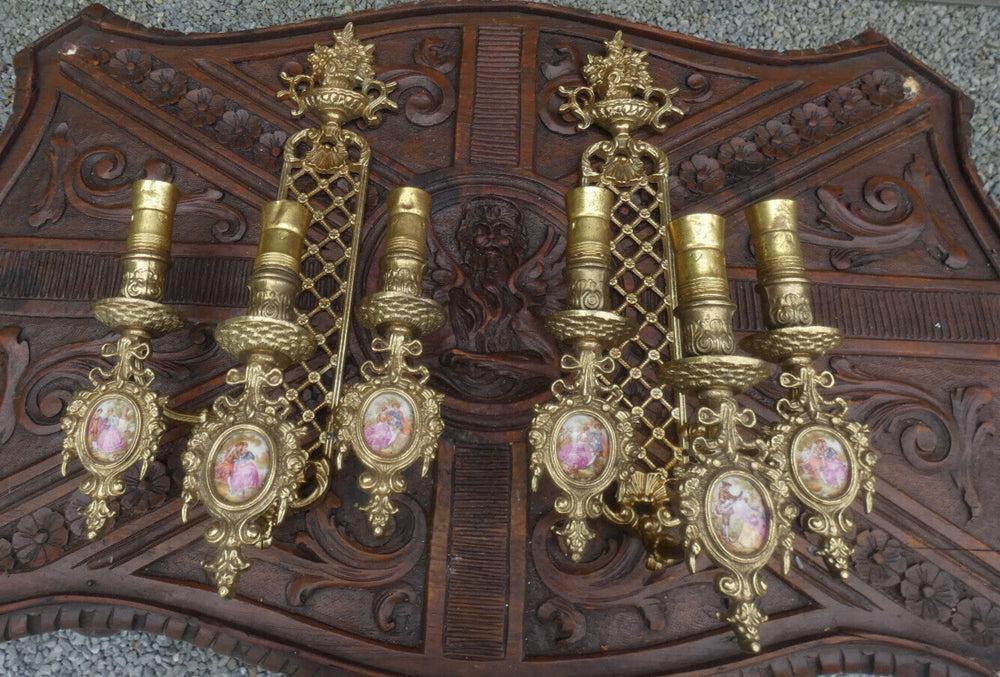 PAIR vintage brass limoges porcelain medaillons wall lights sconces