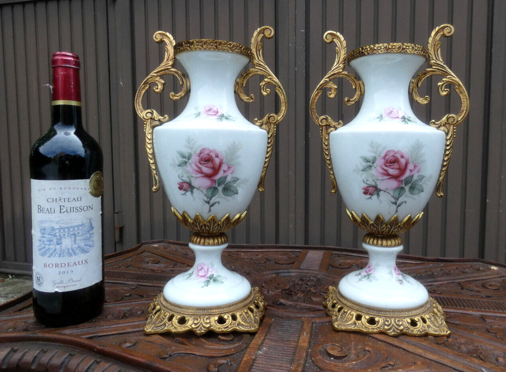 Vintage 1970s brass porcelain roses floral decor vases