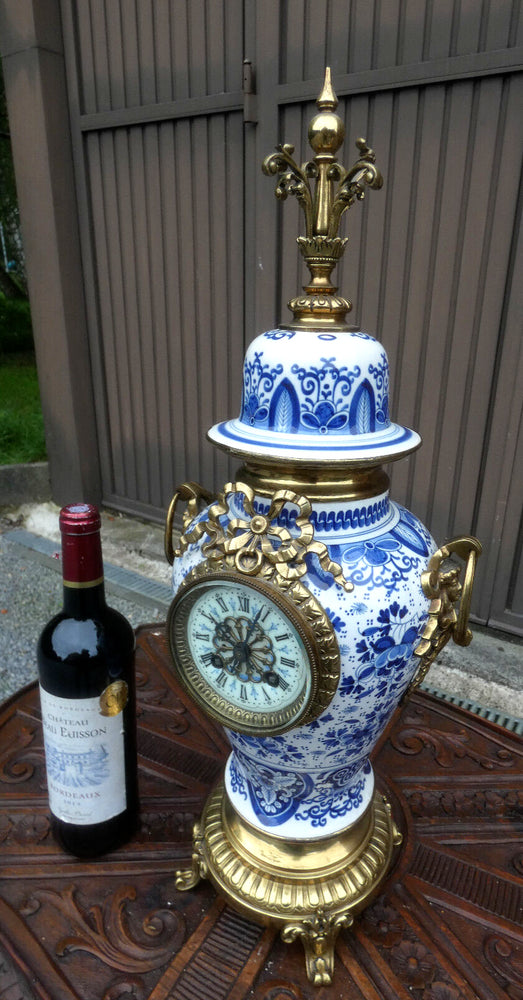 Antique Boch blue white pottery mantel clock brass putti angels decor