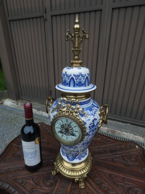 Antique Boch blue white pottery mantel clock brass putti angels decor