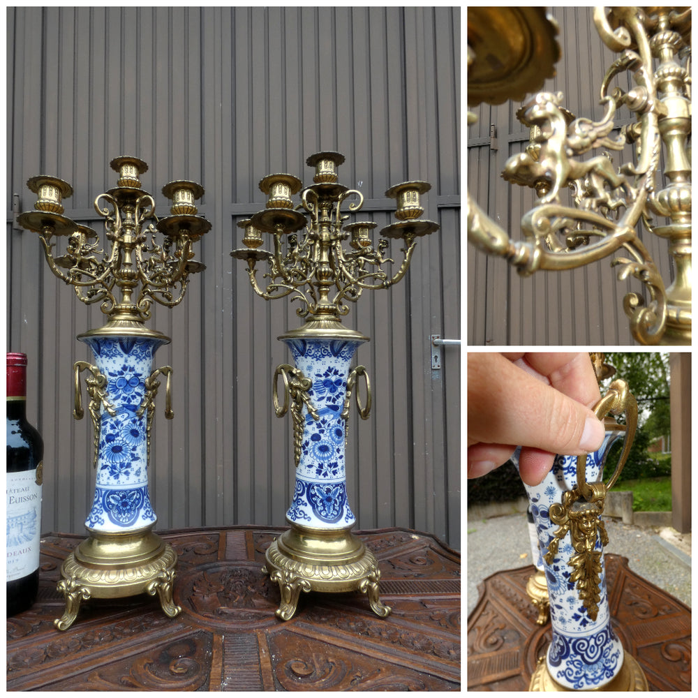 Antique Boch blue white delft  pottery  brass angels dragons Candelabras rare