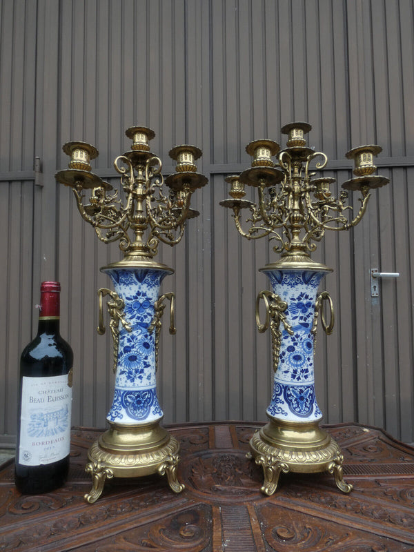 Antique Boch blue white delft  pottery  brass angels dragons Candelabras rare